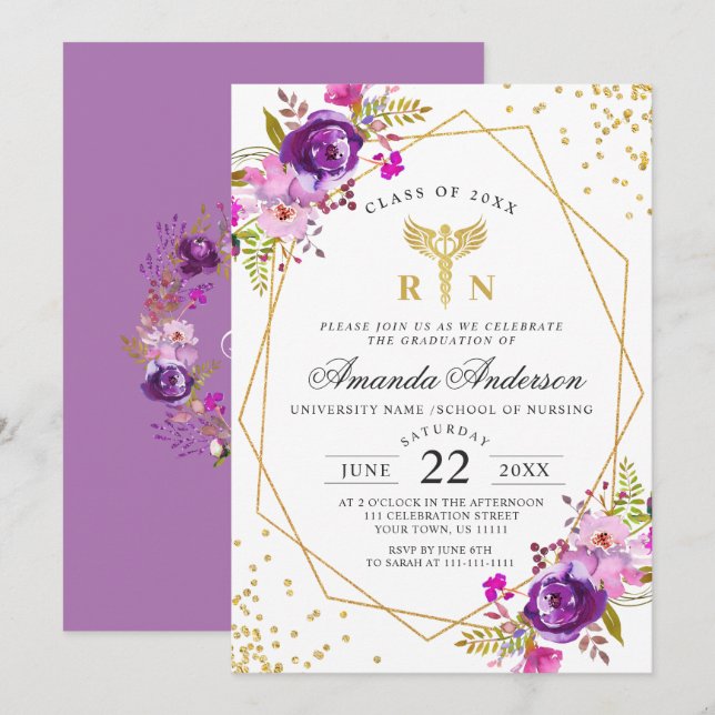 Purple Floral Modern Nursing School Graduation Invitation (Front/Back)