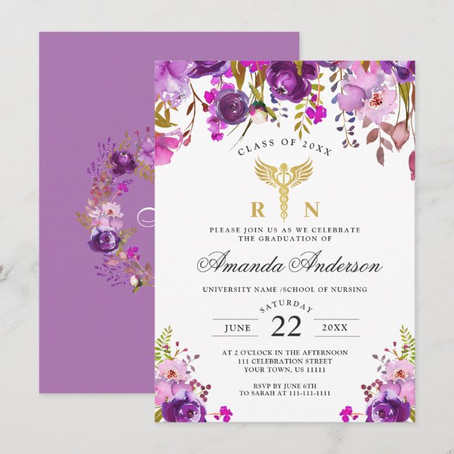 Purple Floral Modern Nursing School Graduation Invitation (Front/Back)