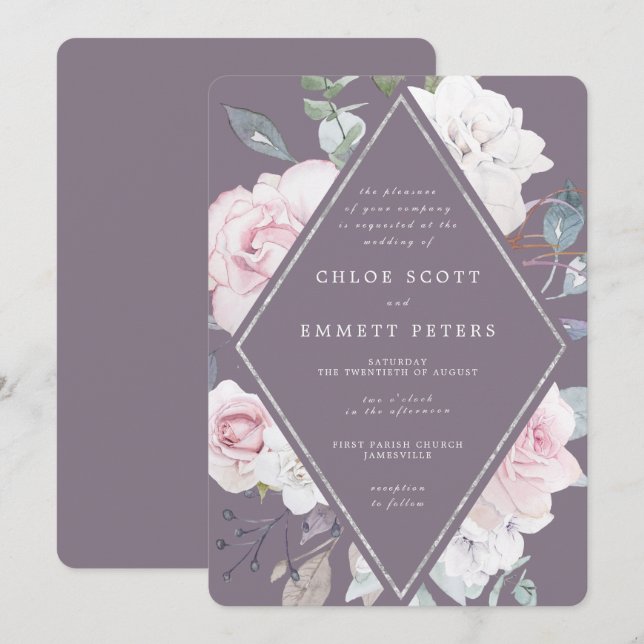 Purple Floral Modern Waterolor Wedding Invitation (Front/Back)
