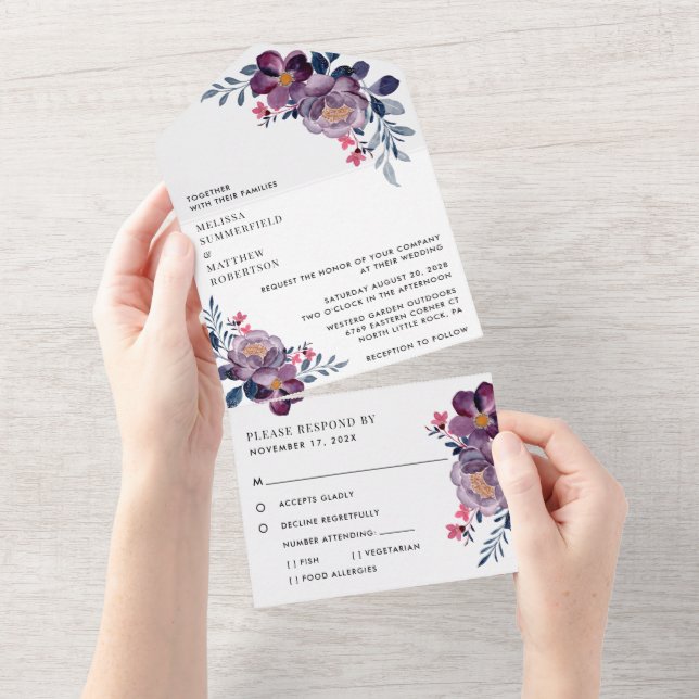 Purple Floral Modern Wedding All In One Invitation (Tearaway)