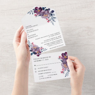 Purple Floral Modern Wedding All In One Invitation