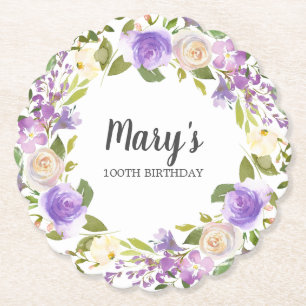 Purple Floral Monogram 100th Birthday Paper Coaster