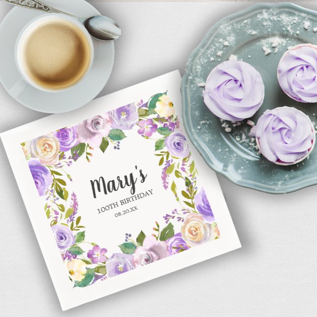 Purple Floral Monogram 100th Birthday Party Napkin (Creator Uploaded)