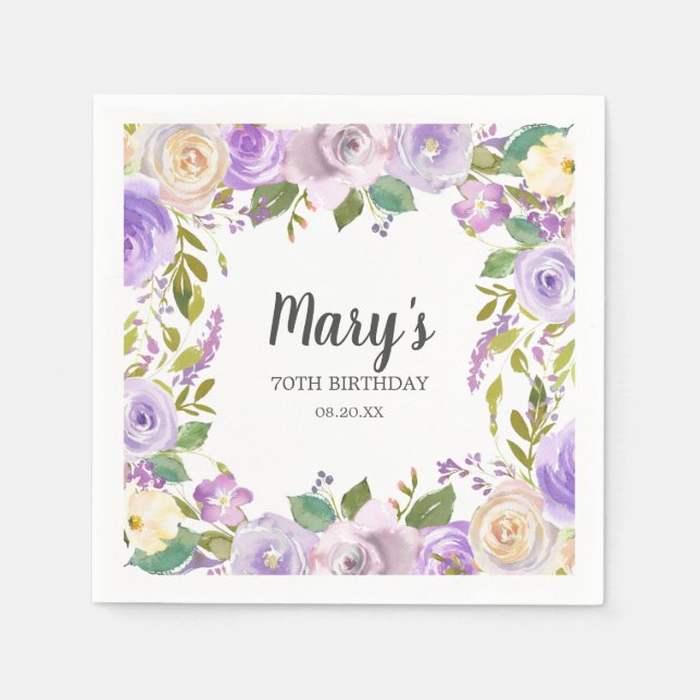 Purple Floral Monogram 70th Birthday Napkin (Front)