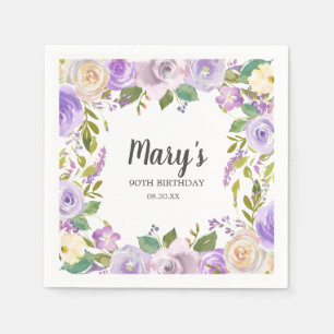 Purple Floral Monogram 90th Birthday Party Napkins