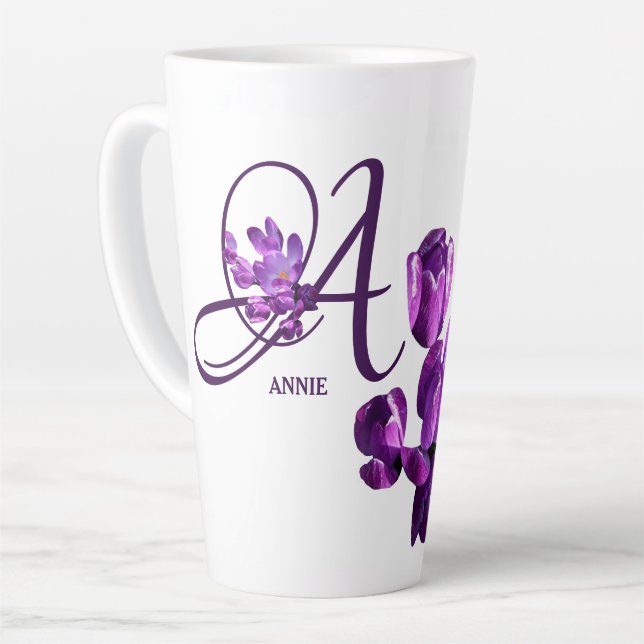 Purple floral monogram Annie name customizable hot Latte Mug (Left Angle)