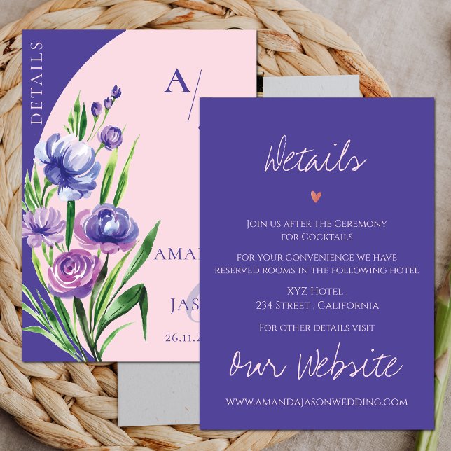 Purple Floral Monogram Blush Pink Wedding Details  Enclosure Card (Purple Floral Monogram Blush Pink Wedding Details Enclosure Card)