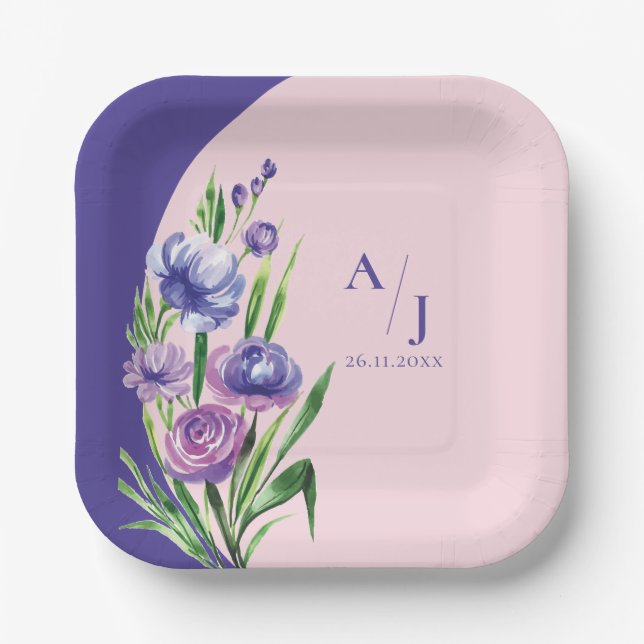 Purple Floral Monogram Elegant Blush wedding Party Paper Plate (Front)