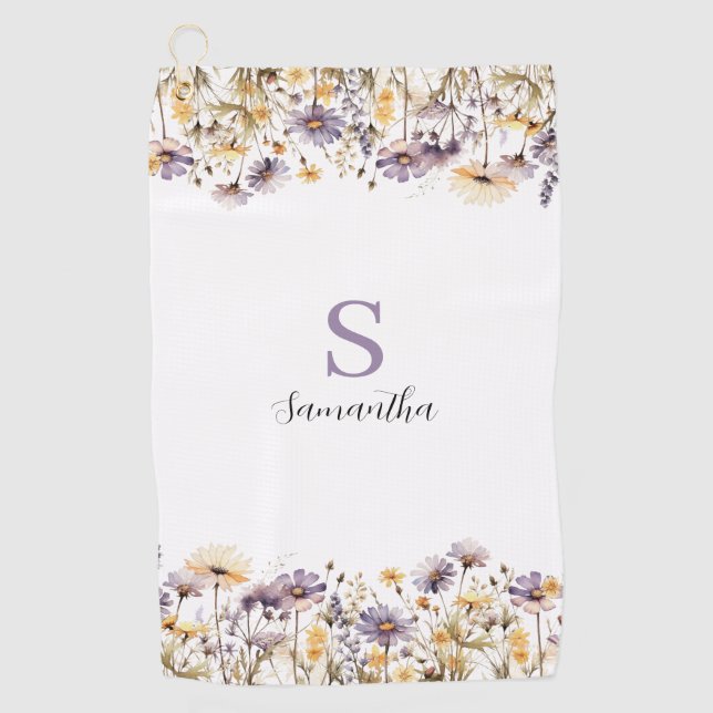 Purple Floral Monogram Name  Golf Towel (Front)