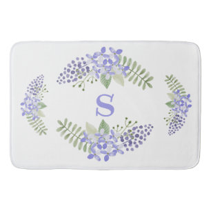 Purple Floral Monogram Watercolor Elegant Bath Mat