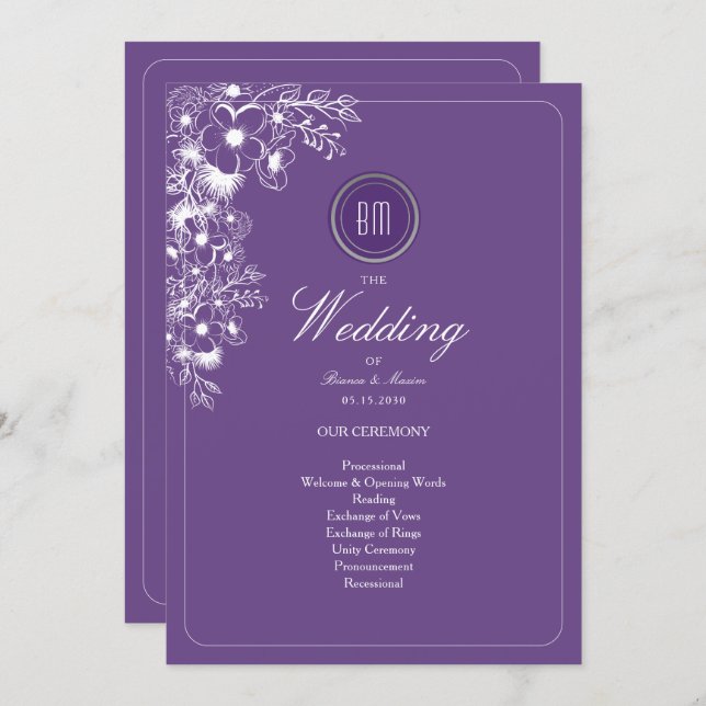 Purple Floral Monogram Wedding Program (Front/Back)