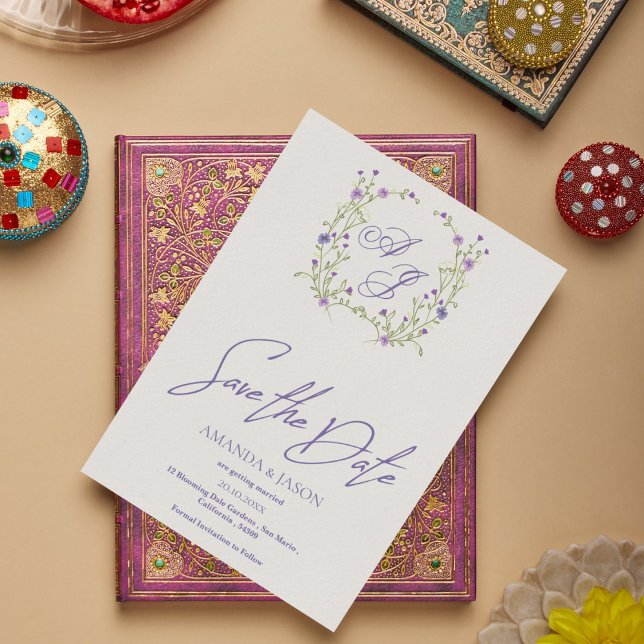 Purple Floral Monogram Wedding Save the Date  (Purple Floral Monogram Wedding Save the Date)