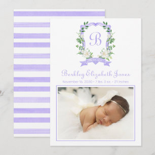 Purple Floral Monogrammed Crest Birth Announcement