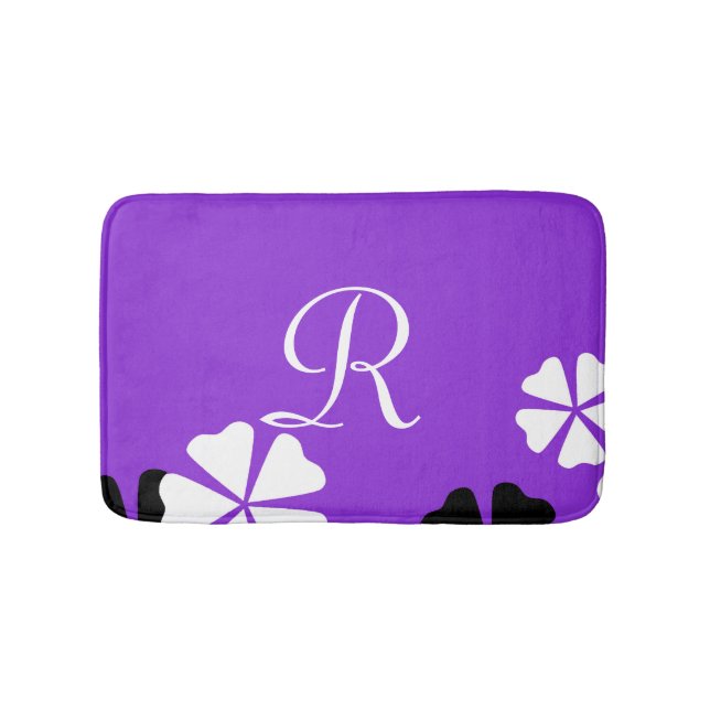 Purple Floral Monogrammed Plush Bath Mat (Front)