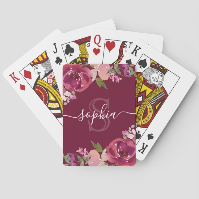 Purple Floral Monogrammed Script Name Playing Cards (Back)