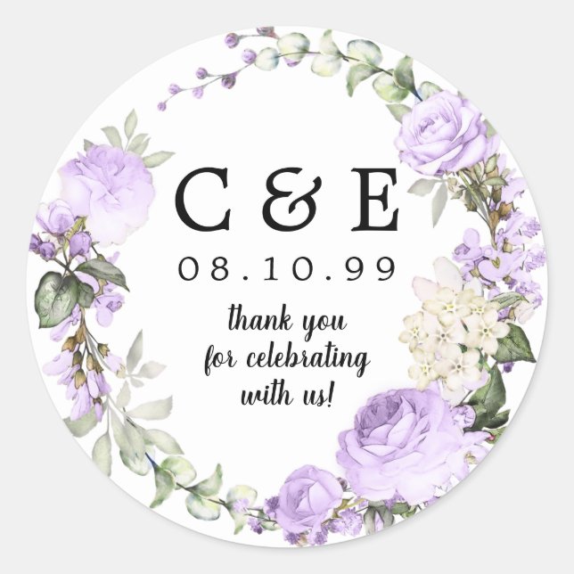 Purple Floral Monogrammed Wedding Thank You Classic Round Sticker (Front)