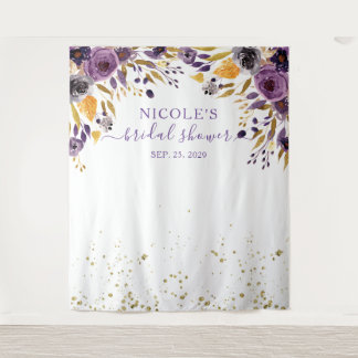 Purple Floral n Gold Bridal Shower Backdrop Tapestry