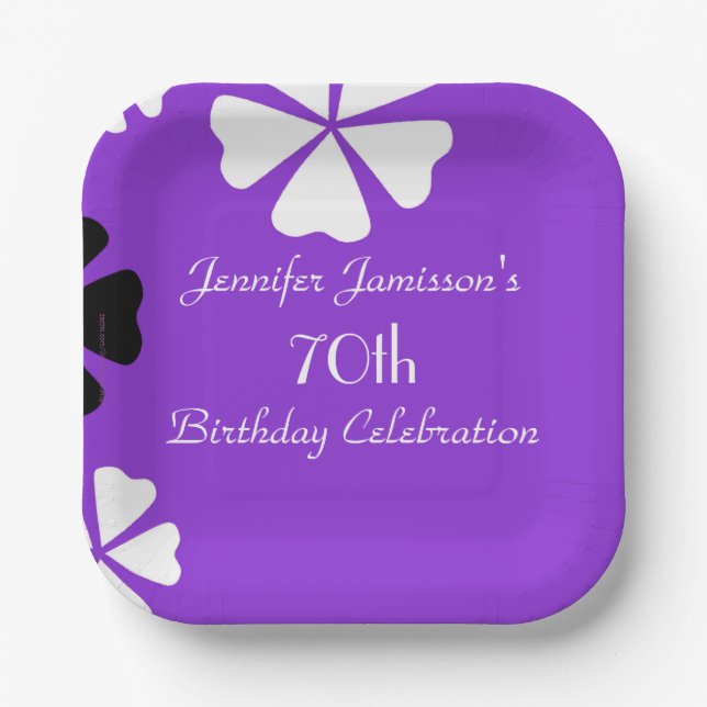Purple Floral, Name, 70th Birthday Party Square Paper Plate (Front)