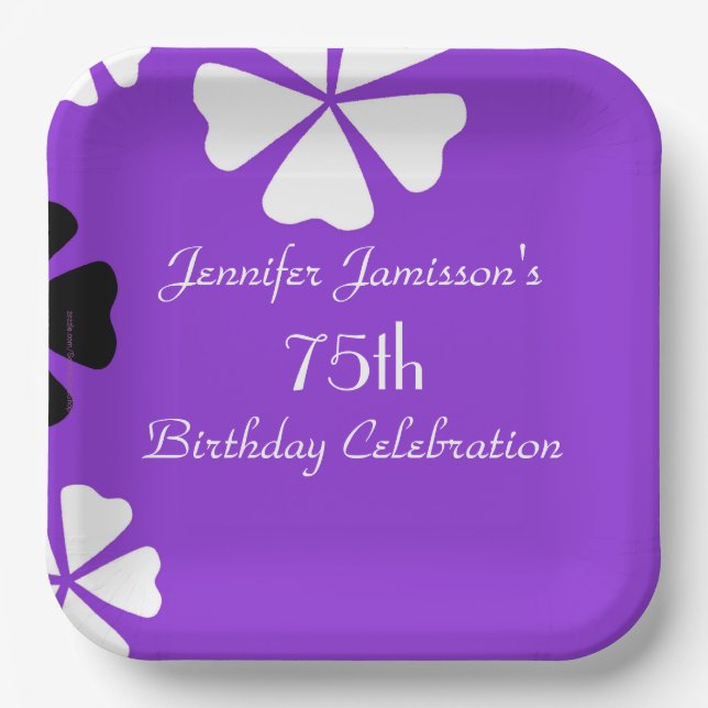 Purple Floral, Name, 75th Birthday Party Square Paper Plate (Front)