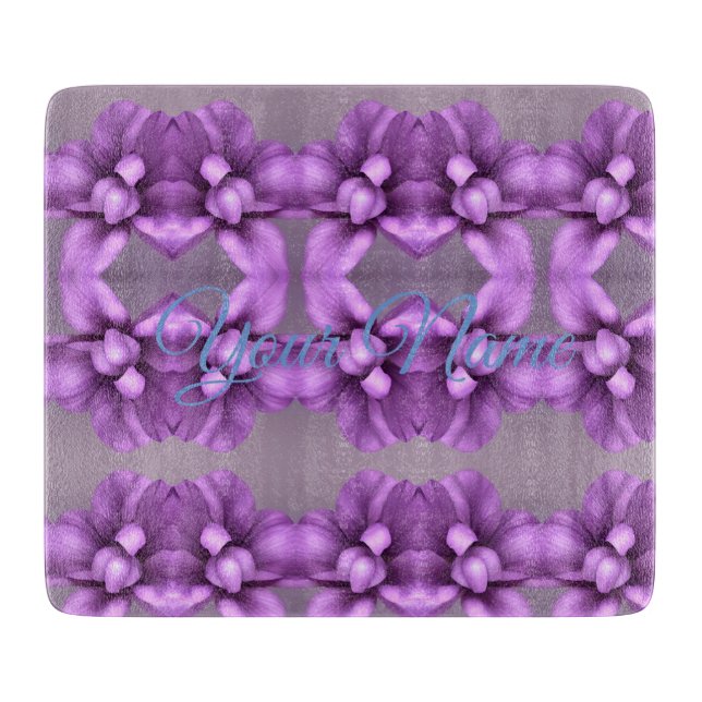 Purple Floral NAME Gift - Customisable Flower Cutting Board (Front)