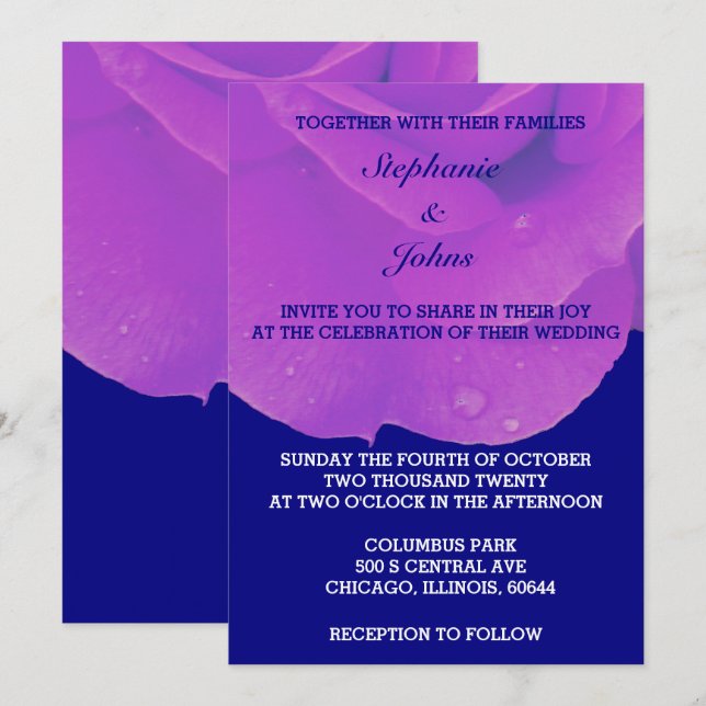 Purple Floral Navy Blue Rose Elegant Cute Wedding Invitation (Front/Back)