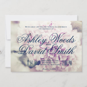 Purple Floral Navy Script Wedding Invitation