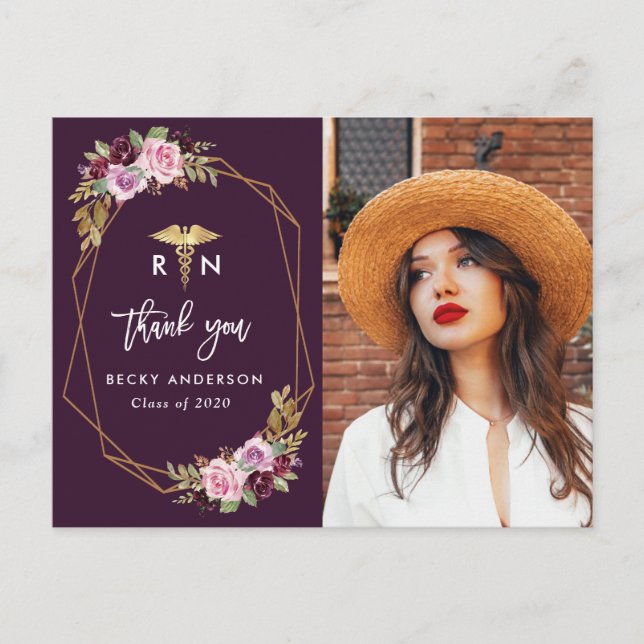 purple floral nursing school graduation thank you postcard (Front)