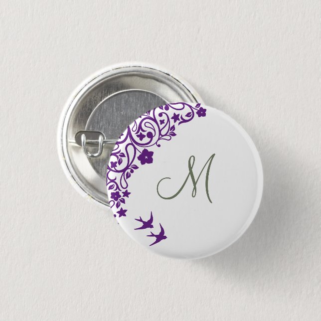 Purple Floral Olive Green Initial Script Monogram 3 Cm Round Badge (Front & Back)