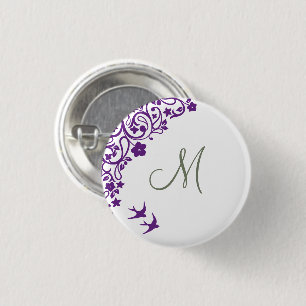 Purple Floral Olive Green Initial Script Monogram 3 Cm Round Badge