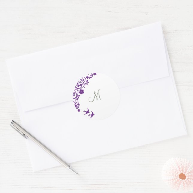 Purple Floral Olive Green Initial Script Monogram Classic Round Sticker (Envelope)