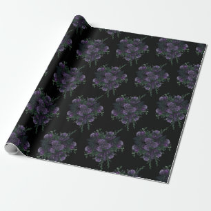Purple Floral on Black Wedding Gothic Wrapping Paper