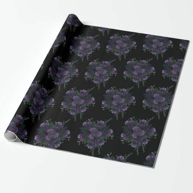 Purple Floral on Black Wedding Gothic Wrapping Paper (Unrolled)