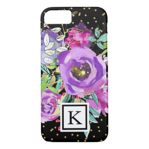 Purple Floral on Black with Confetti Monogram iPhone 8/7 Case