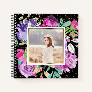 Purple Floral on Black with Confetti Photo Notebook