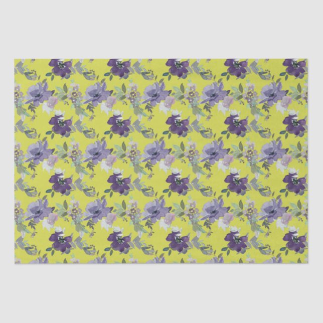 Purple Floral on Yellow Watercolor Tissue Paper (Front)