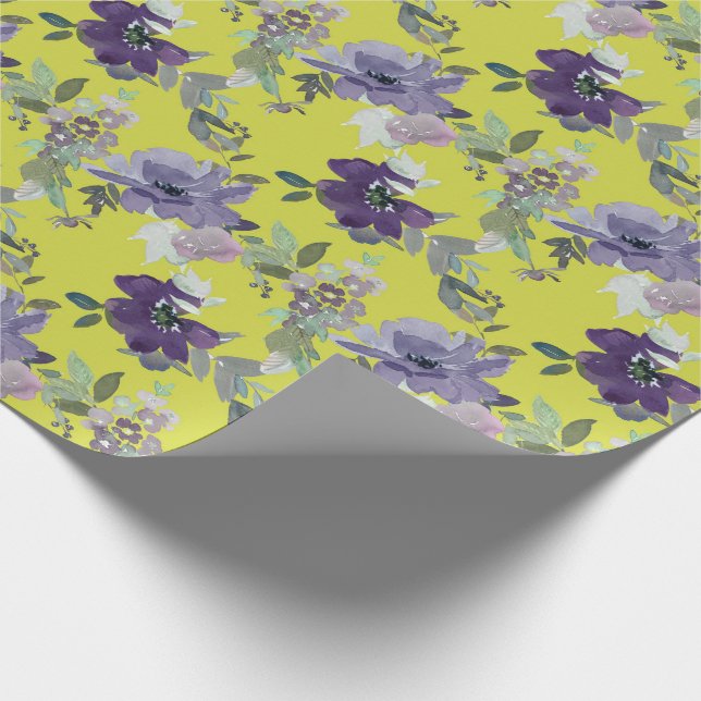 Purple Floral on Yellow Watercolor Wrapping Paper (Corner)