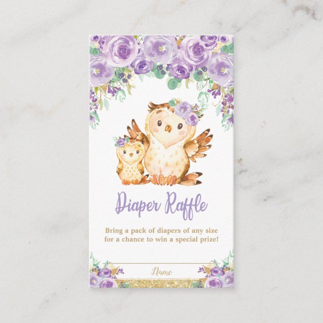 Purple Floral Owl Baby Shower Diaper Raffle Enclosure Card (Front)
