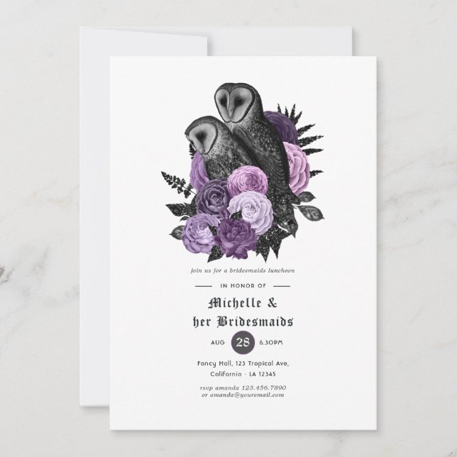 Purple Floral Owls Gothic Bridesmaids Luncheon Invitation (Front)