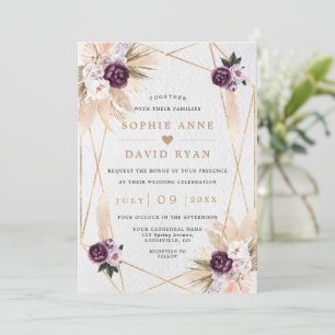Purple Floral Pampas Grass All In One Wedding Invitation