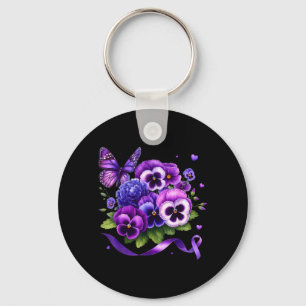 Purple Floral Pansies Butterfly Ribbon Alzheimers Key Ring
