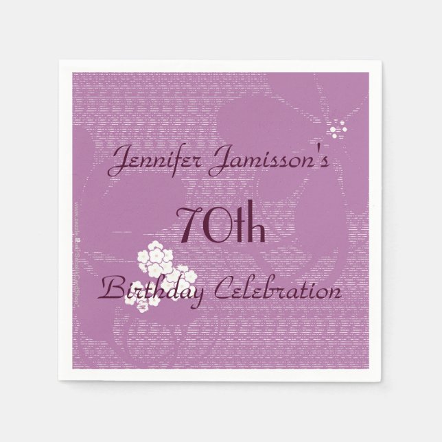 Purple Floral Paper Napkins, 70th Birthday Party Napkin (Front)