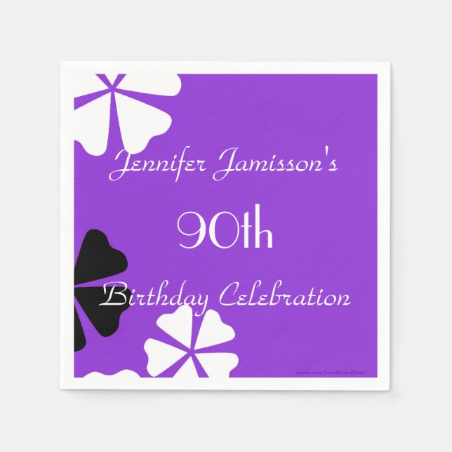 Purple Floral Paper Napkins, 90th Birthday Party Napkin (Front)
