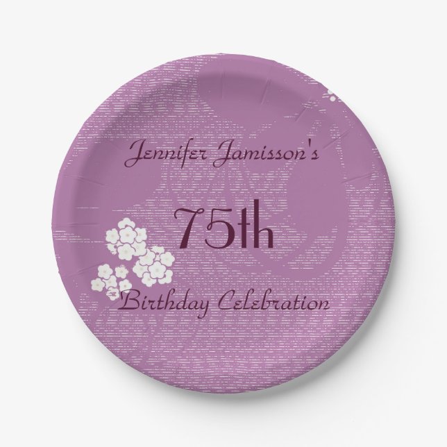 Purple Floral Paper Plates, 75th Birthday Party Plate (Front)