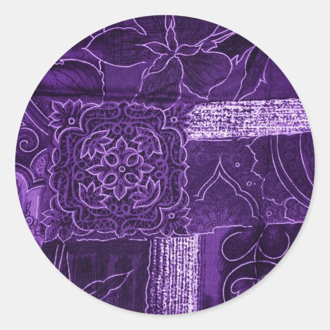 Purple Floral Patchwork Fabric Classic Round Sticker (Front)