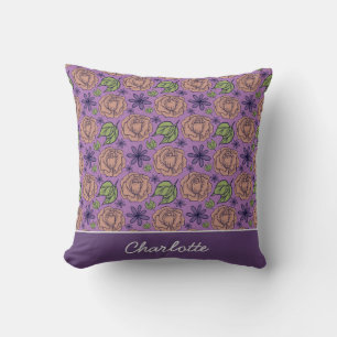 Purple floral pattern big blossom with name cushion
