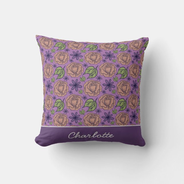 Purple floral pattern big blossom with name cushion (Front)