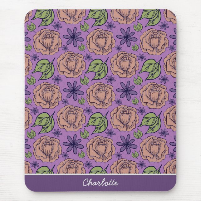 Purple floral pattern big blossom with name  mouse mat (Front)