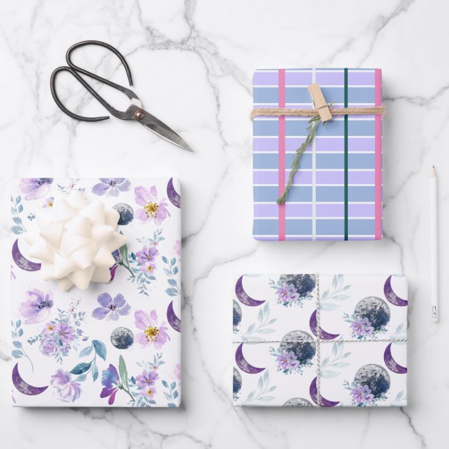 Purple Floral Pattern With Moon Wrapping Paper Sheet (Front)