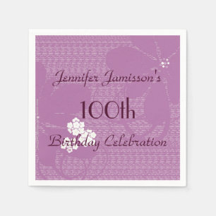 Purple Floral Personalised 100th Birthday Party Napkin