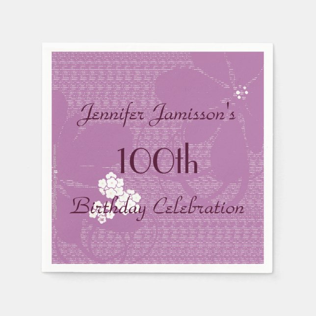Purple Floral Personalised 100th Birthday Party Napkin (Front)